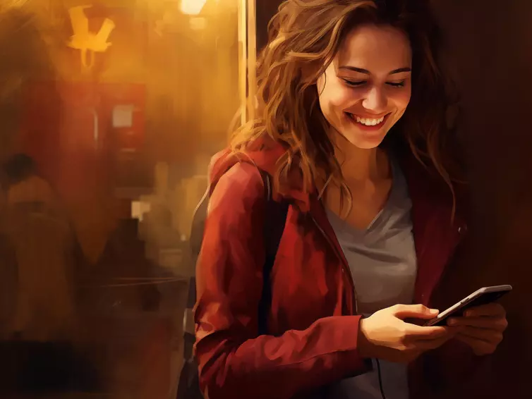A woman happily glances at her phone, wearing a smile.