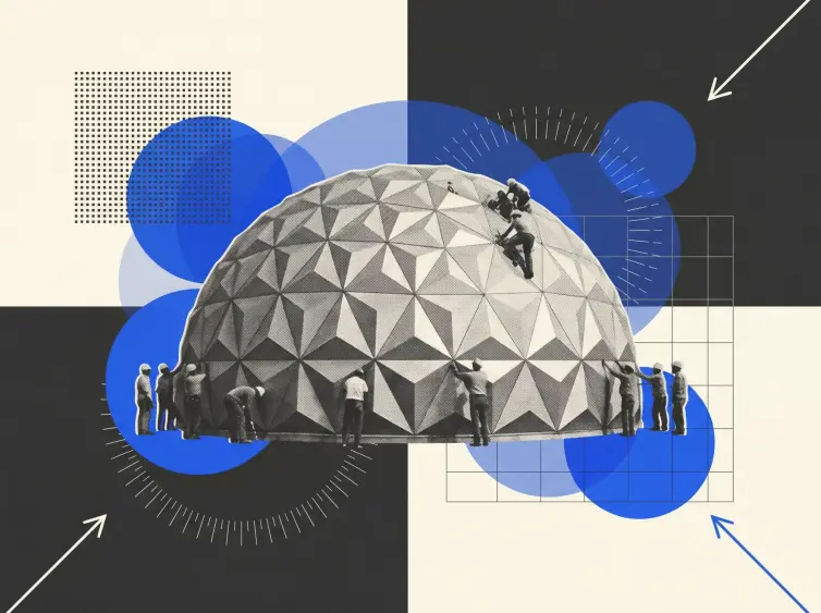 Dome with workers climbing on it.