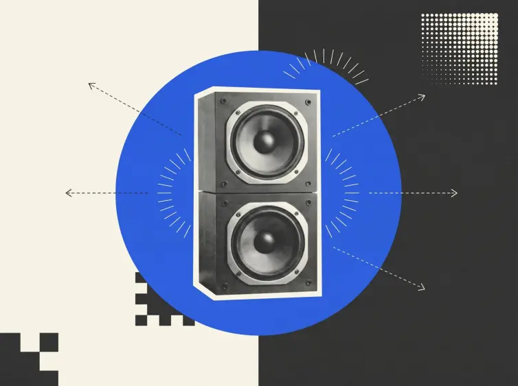 Illustration of a loudspeaker on a blue circle background.
