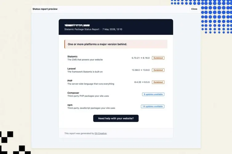 Screenshot of Sentinel status report.