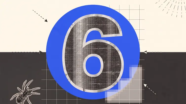 A large number six in a blue circle on a background with a spider, grid lines and abstract shapes.