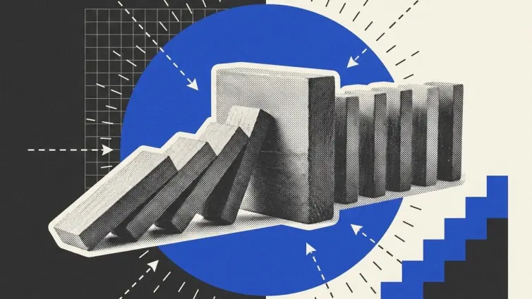 A row of dominoes standing upright, mid-fall, with the first few having already toppled but the rest visibly stabilised or held in place by a barrier. The composition suggests a chain reaction being controlled or absorbed rather than allowed to cascade.