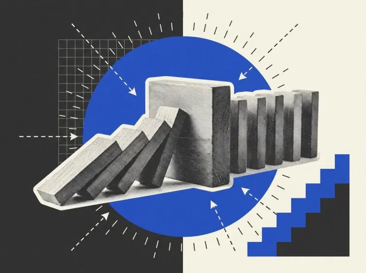 A row of dominoes standing upright, mid-fall, with the first few having already toppled but the rest visibly stabilised or held in place by a barrier. The composition suggests a chain reaction being controlled or absorbed rather than allowed to cascade.