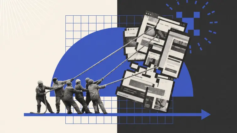 Workers pulling down an illustration of a old website.