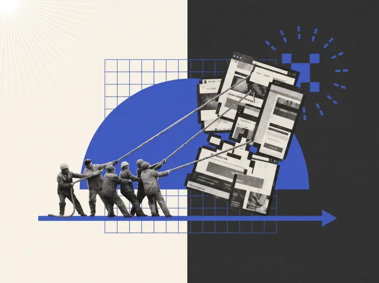 Workers pulling down an illustration of a old website.