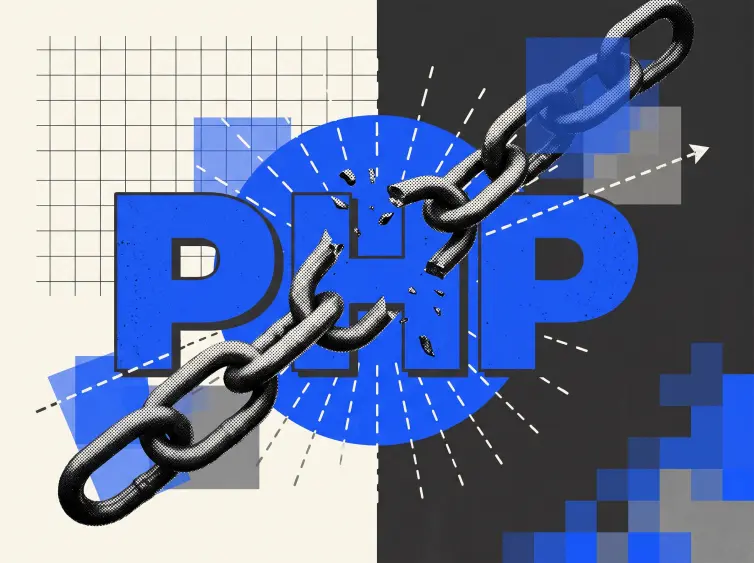 A metal chain breaks in half diagonally across the blue letters PHP on a background of grid lines and pixelated shapes.