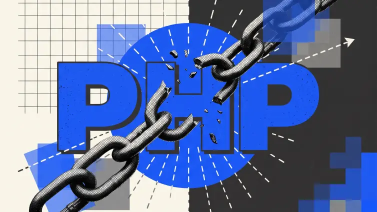 A metal chain breaks in half diagonally across the blue letters PHP on a background of grid lines and pixelated shapes.