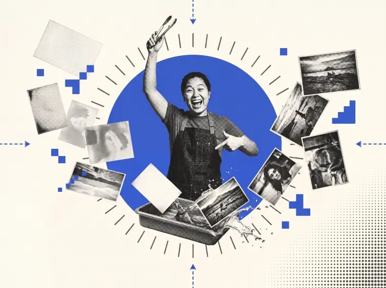 A cheering photographer surrounded by flying photo prints and graphic symbols.