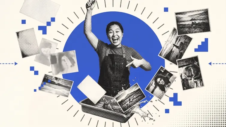 A cheering photographer surrounded by flying photo prints and graphic symbols.