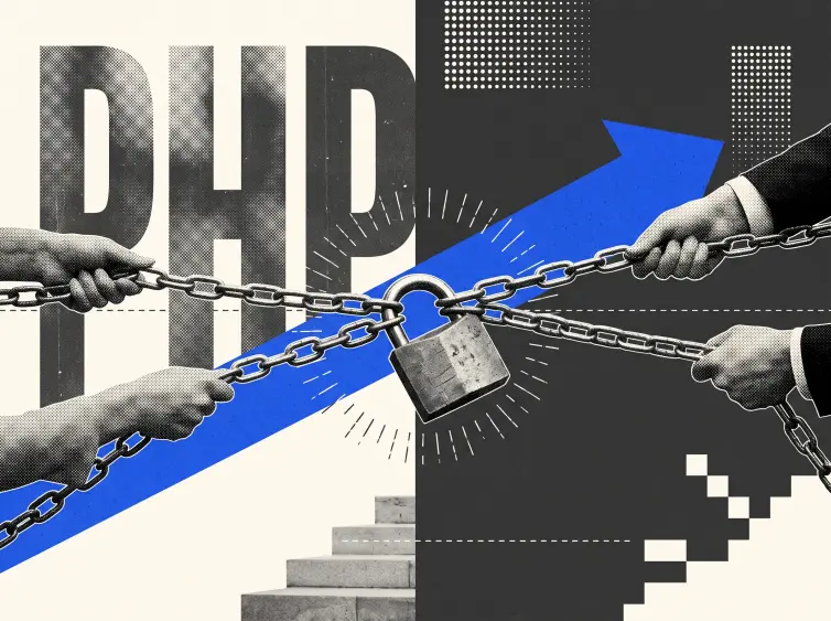Two sets of hands pull tight chains secured by a padlock in front of the letters PHP.