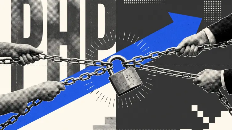 Two sets of hands pull tight chains secured by a padlock in front of the letters PHP.
