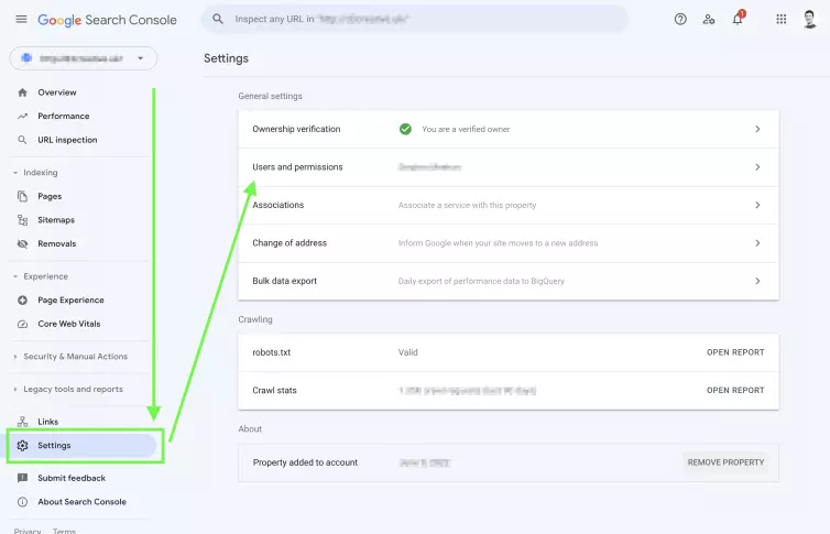 Google Search Console screenshot, settings.