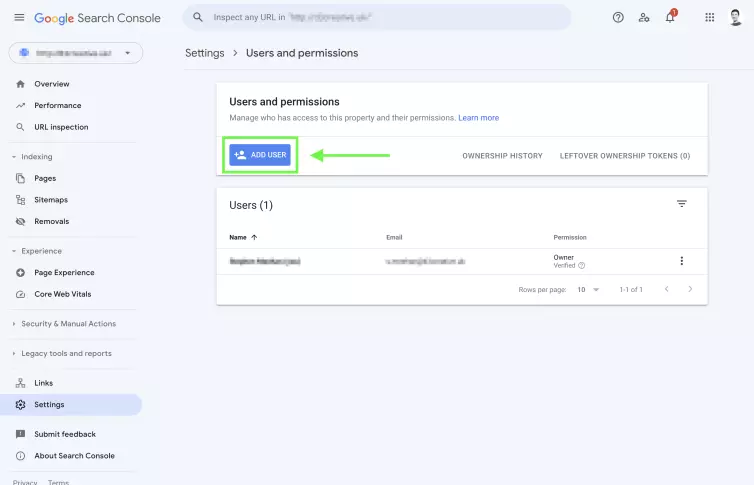 Google Search Console screenshot, add user.