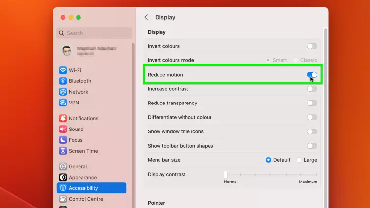 macOS Ventura screenshot of reduce motion settings screen.