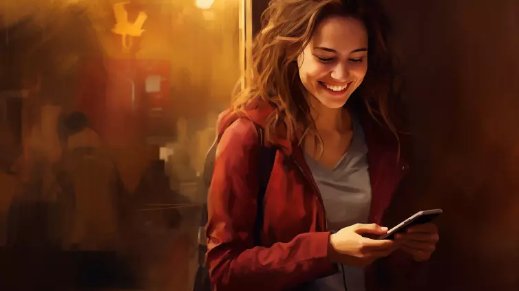 A woman happily glances at her phone, wearing a smile.